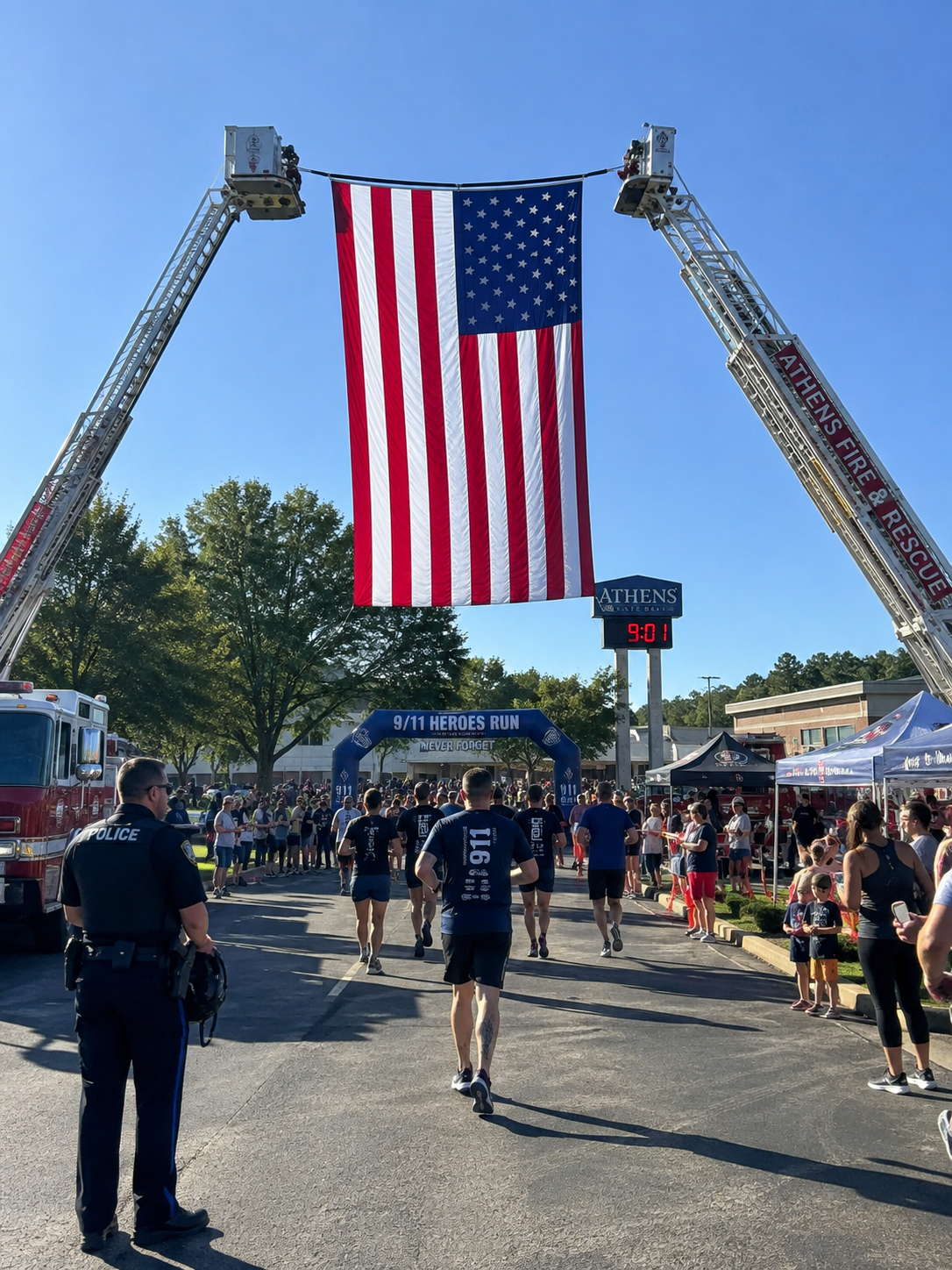 American flag and runners honoring veterans and first responders