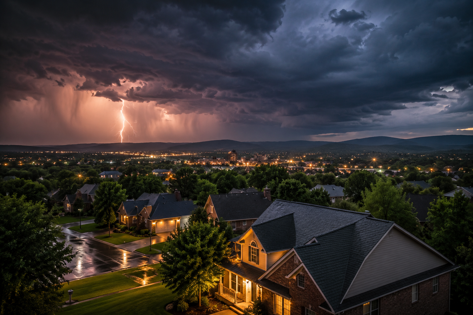 Dark storm clouds over North Alabama neighborhood roofs